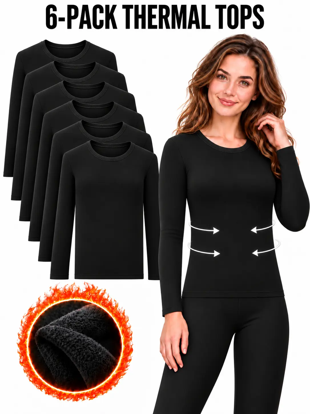 Women’s 6 Pack Thermal Underwear Top, Fleece Lined Long Sleeve Base Layer Shirts, High Stretch Warm Winter Tops for Cold Weather, Outdoor & Everyday Wear