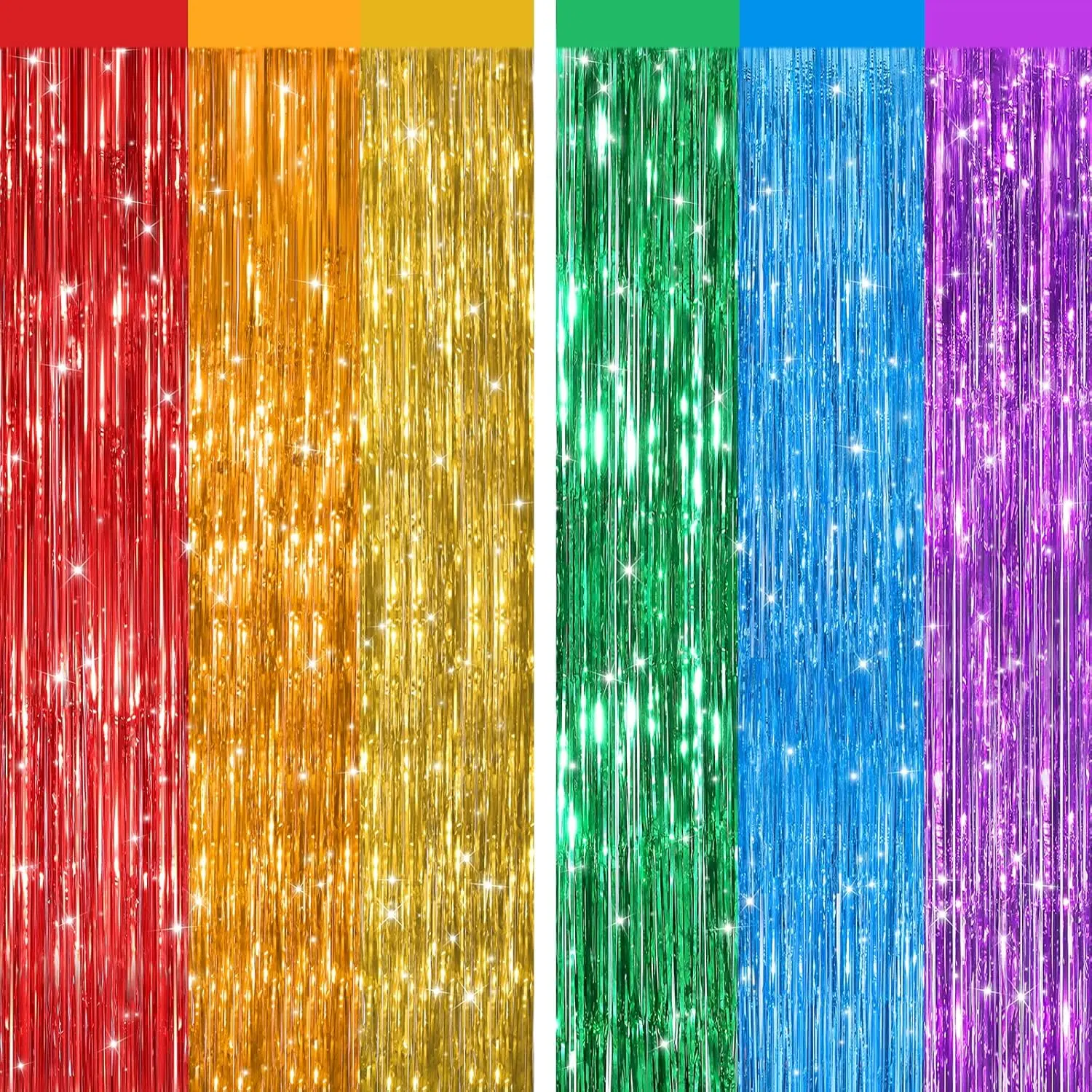 2 Pack Shiny Rainbow Metallic Tinsel Foil Fringe Curtains - Door Streamers, Colorful Tinsel Festive Backdrops & Banners for Birthday, Bachelorette Party Decorations