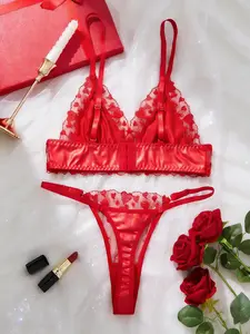 Women's 2-Piece Satin Lingerie Set - Smooth Silky Lace Love Heart Embroidery Bra + Matching Thong, Gorgeous, Soft, Feminine, Comfortable All-Season Romantic Underwear Outfit
