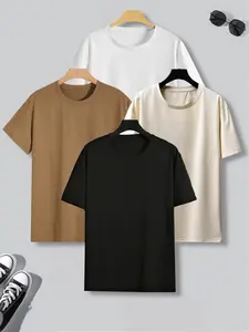 Men's 4pcs Solid Drop Shoulder Sleep Tee, Casual Comfy Round Neck Short Sleeve Fitted T-shirt for Daily Wear, Men's Sleepwear for All Seasons