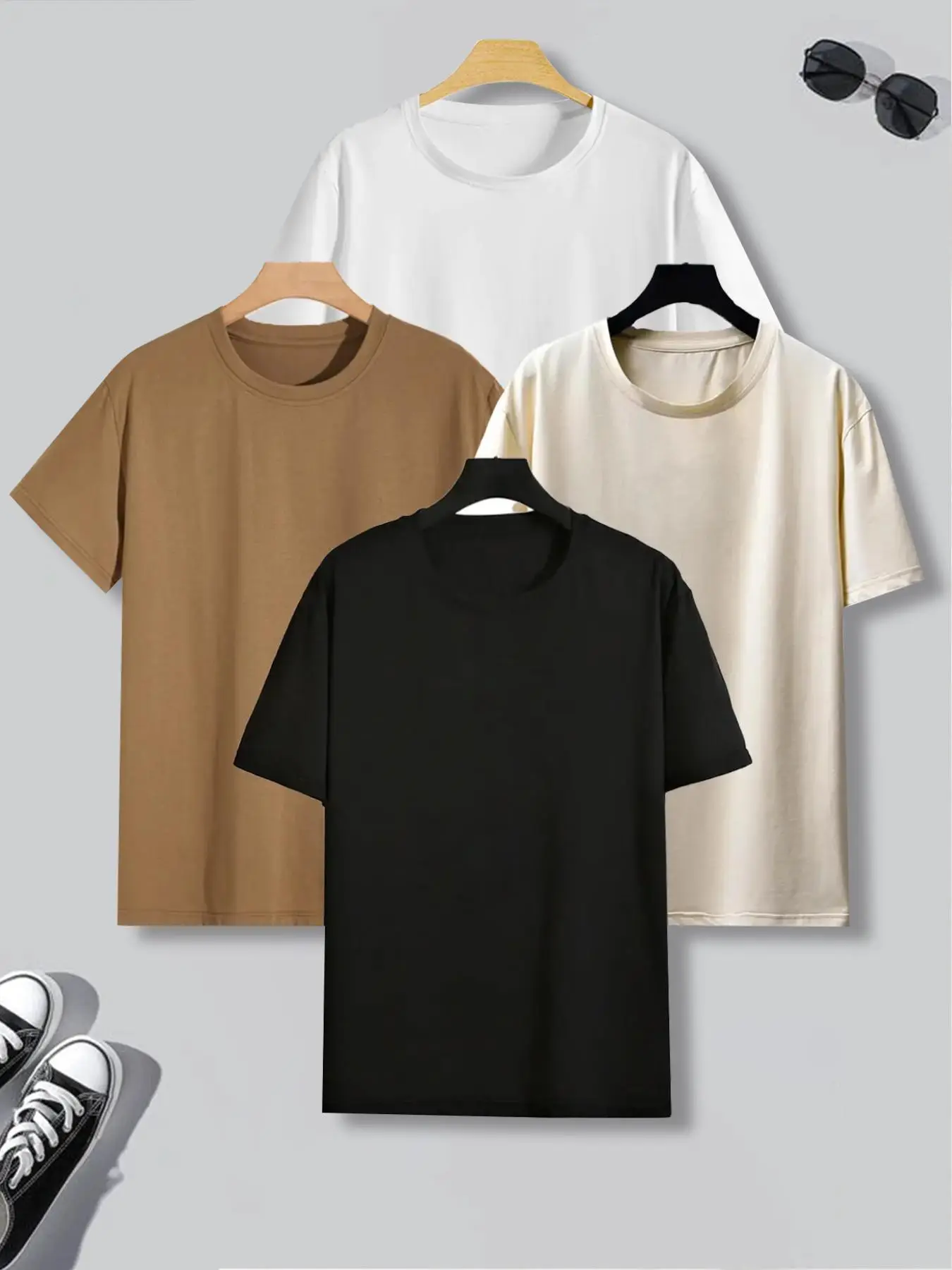 Men's 4pcs Solid Drop Shoulder Sleep Tee, Casual Comfy Round Neck Short Sleeve T-shirt for Daily Wear, Men's Sleepwear for All Seasons