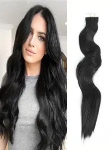 Tape in Hair Extensions, Synthetic Wavy Wig, Black16inch 10pcs 50g/Pack Water Wave Seamless Skin Weft for Cosplay Parties, Carnaval, Halloween, Christmas