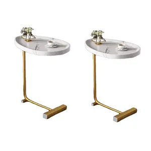 MLNshops C-Shaped Side Tables Pair with Marble Top Elegant White & Gold Modern Furniture for Living Room or Bedroom Versatile Design for Tight Spaces Sleek Durability Easy Maintenance