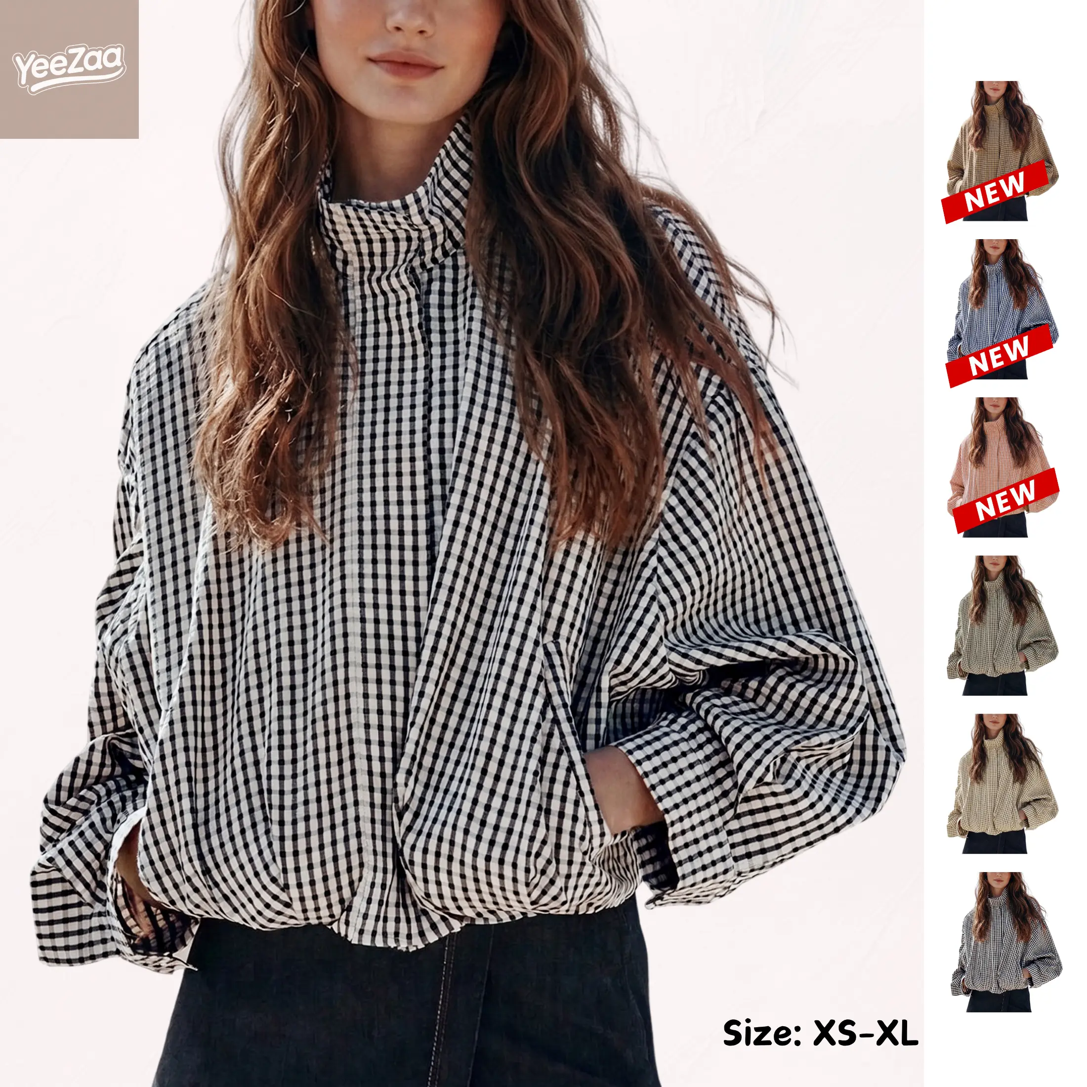 YeeZaa Women's Gingham Plaid Jacket Cropped Zip Up Stand Collar Oversized Jackets with Batwing Sleeves Loose Casual Lightweight Coats 2026 Fall Outfit with Pockets Back to School First Day Outfit