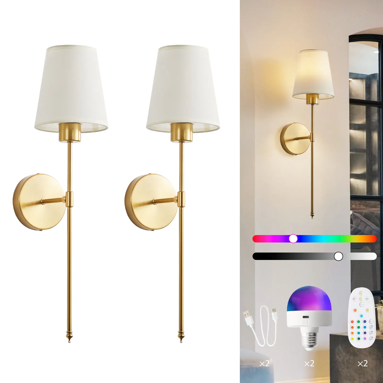 2-Pack RGB Rechargeable LED Wall Sconces - Wireless Indoor Lighting with Remote, 13-Color Dimmable, Adjustable Light Modes, Mood Lighting for Apartment Vanity Setup & Home Decor Items