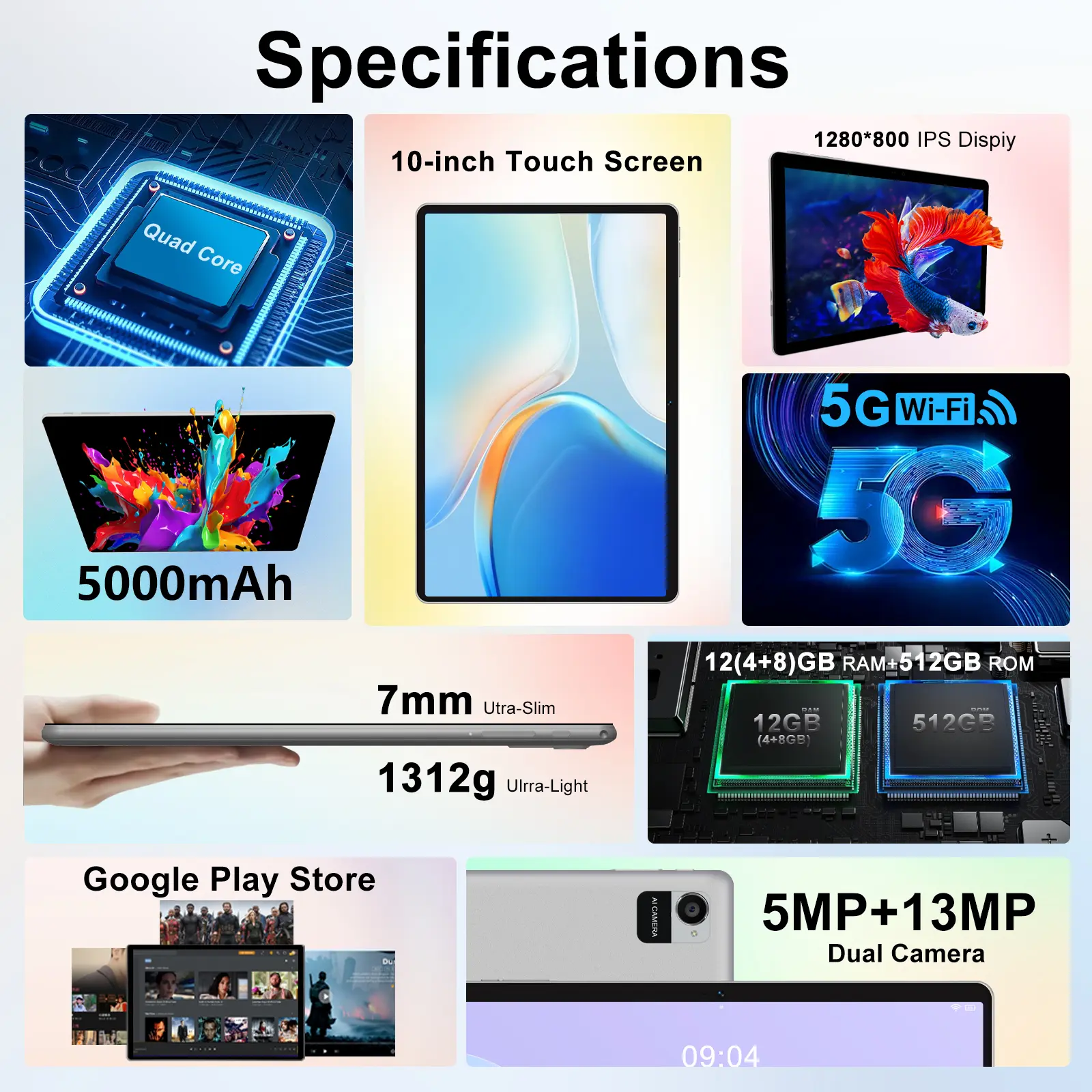 Crelander W30 10.1 Inch Android 15 Tablet PC 12GB+128GB 13MP