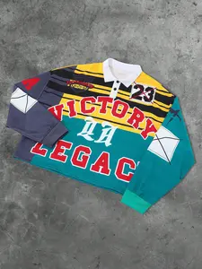 Men's American Retro Colorblock Collared Long Sleeve Fitted Shirt, Contrast Design, Text Print, Graphics, Casual Streetwear, School, Daily Commute