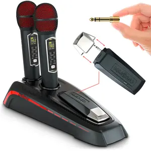 MASINGO 2 Wireless Karaoke Microphones with Integrated Bluetooth Receiver - Connects Mics and Smartphone to Any Speaker with AUX/Mic input - includes Singer Vocal Removal Mode & Charging Base - A12