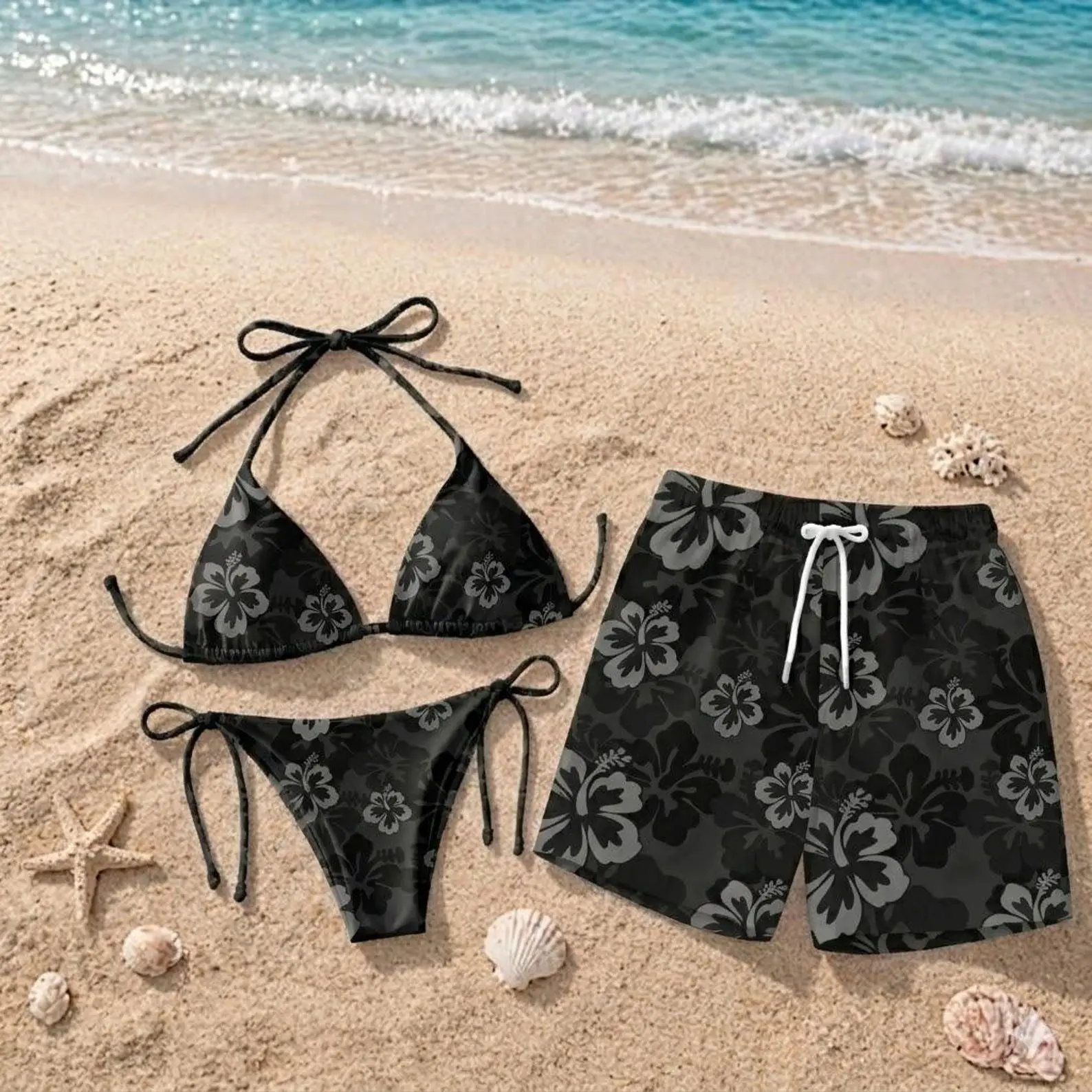 Black Dark Gray Hibiscus Floral Matching Couple Bikini Set and Men's Swim Trunks Swimwear, Women String Halter Top Side Tie Bottom, Quick Dry Board Shorts, Full Print Beach Swimsuit, Summer Pool Party Outfit, Gift for Him Her