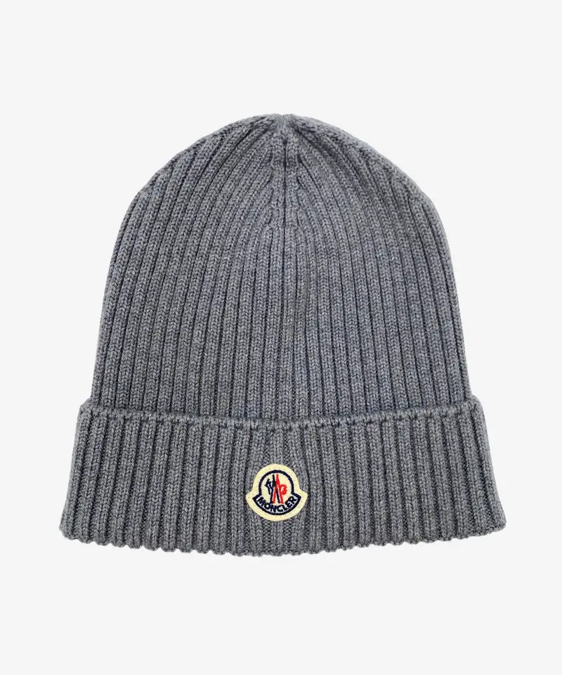 MONCLER GRAY Rib-Knit Beanie Hat with Logo Patch, Warm Winter Knit Cap, Unisex One Size
