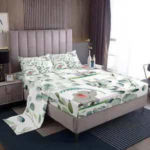 Feelyou Kawaii Elephant Bedding Set - Breathable Multi-Size Elephant Print Sheets for Kids, with Eucalyptus Leaves, Jungle Wildlife, Tropical Botanical Plants Flat Sheet