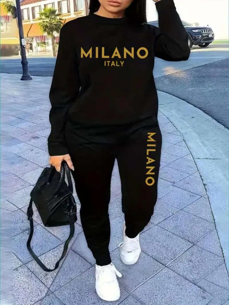 【Plus Size】 Letter Print Sweatshirt & Sweatpants Set, Casual Long Sleeve Pullover & Jogger Pants, Women's Fall & Winter Clothes for Daily Wear