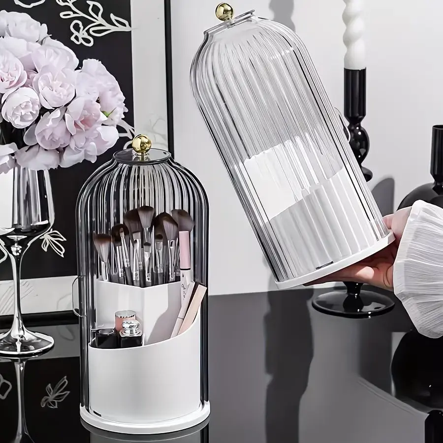 360-Degree Rotating Makeup Brush Holder with Transparent Door Lid - Cosmetic Storage Box, Makeup Organizer, Bathroom Organizer, Container for Vanity Desktop Countertop Storage Organization, Beauty Supplies Organizer