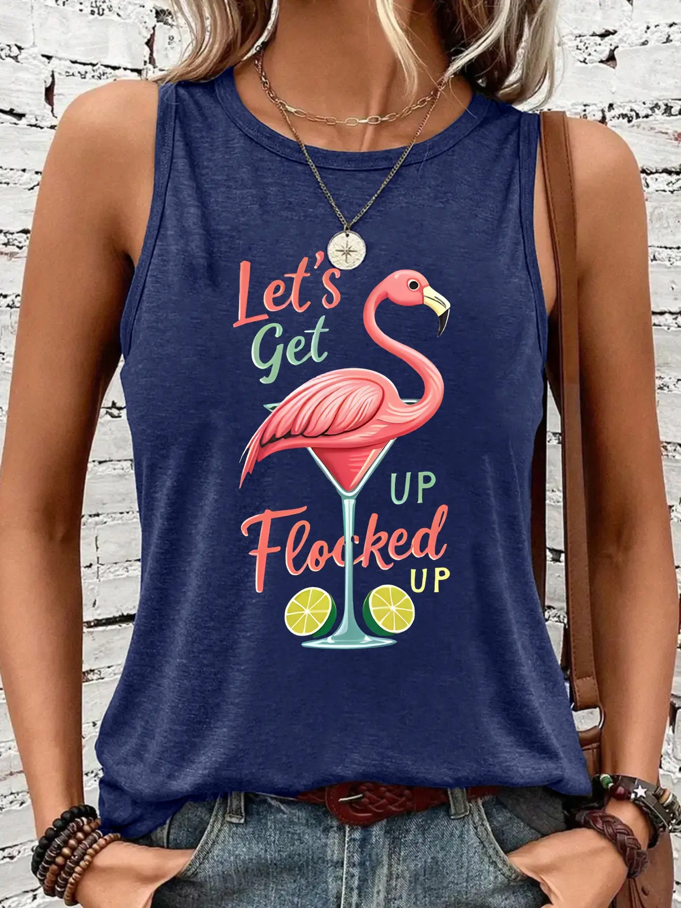 Ladies Flamingo Cocktail Tank Top, Casual Stretchy Fabric, Round Neck, Graphic Design for All Seasons