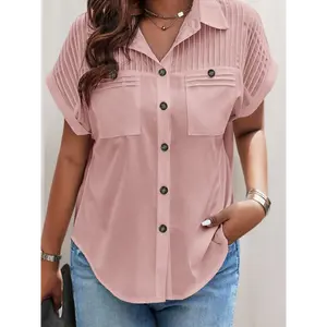 Elegant Solid Color Pleated Batwing Short Sleeve Casual Shirt, Polyester Women'S Clothing with Polo Collar, Button Details, Woven Fabric, 140g/㎡, for Spring/Summer Season
