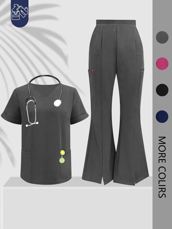 Cimmuovere Women's Solid Color Flare Leg Pants & Top Two-Piece Set, Casual Comfy Breathable Workwear & Uniforms for Women, Women's Uniforms for Summer, Business Attire Clothes