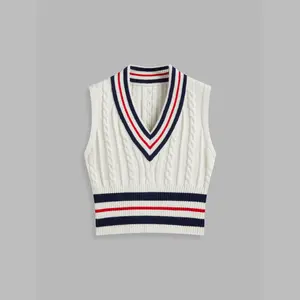 Cider [size 2-10] Cable Knit V-neck Striped Contrasting Binding Vest