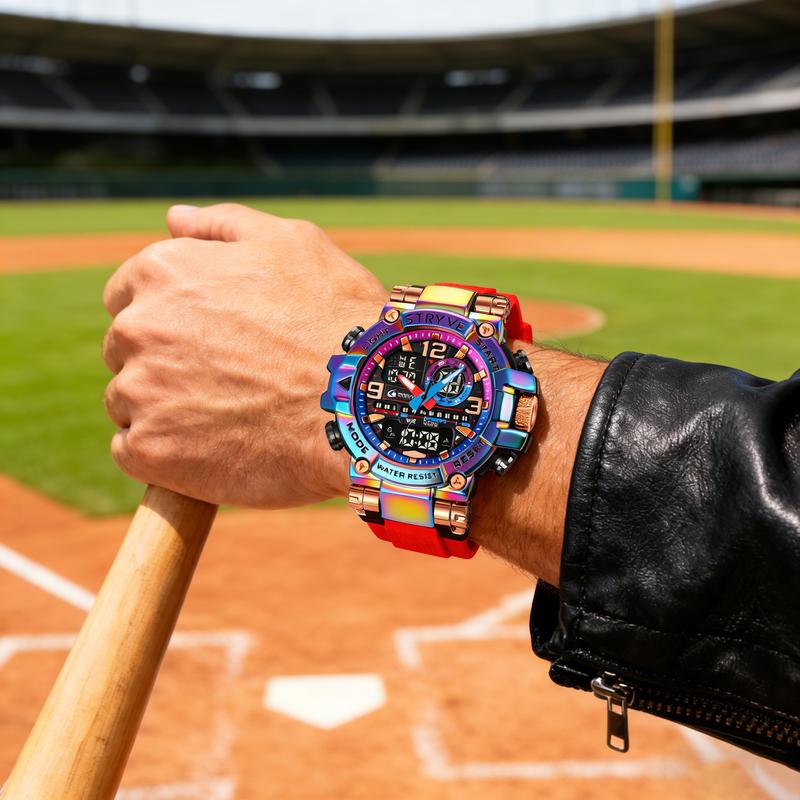 Men's Colorful Punk Style Quartz Watch  Multi-Functional Water Resistant Dual Display Wristwatch Trendy Fashion Sport Watch, Birthday Gift with Tin Box