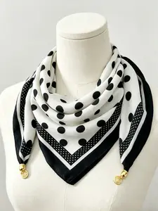 Women Luxury Polka Dot Print Magnetic Buckle Square Scarf, Elegant Fashion Silk Bandana, Shawl Neckerchief Hijab, All Seasons, Printed Polyester Scarf