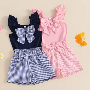[Lullaby] Toddler Girl Summer Clothes Sleeveless Ruffled Tank Tops + Bow Decor Plaid Print Shorts 2 Pcs Set