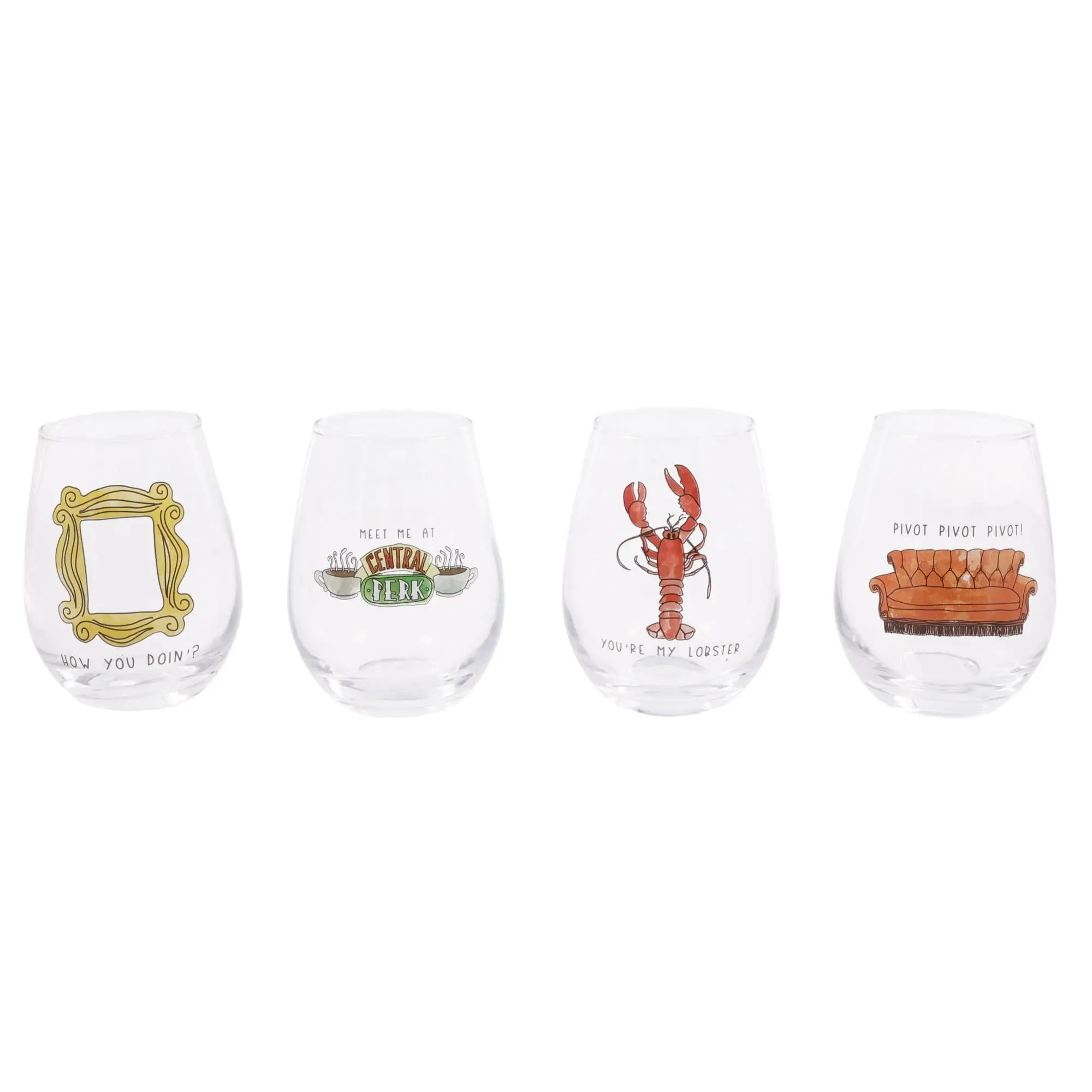 Friends Iconic Quotes 4-Piece Stemless Wine Glass Set | Each Holds 12 Ounces Friends Iconic Quotes 4-Piece Stemless Wine Glass Set | Each Holds 12 Ounces
