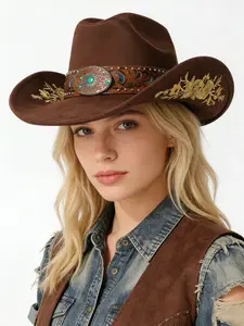 Unisex Wide Brim Western Cowboy Hat, Woolen Gold Embroidery Turquoise, Versatile Retro Fedora, American Vintage Style