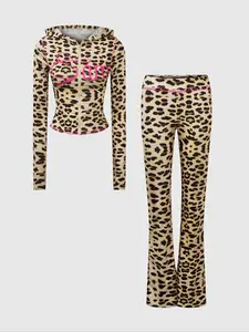 Women's Leopard Print Lapel Neck Pocket Shirt & Elastic Waist Pants Pyjama Two-piece Set, Casual Comfy Short Sleeve Button Up Top & Trousers PJ Set, Ladies Sleepwear Loungewear for All Seasons