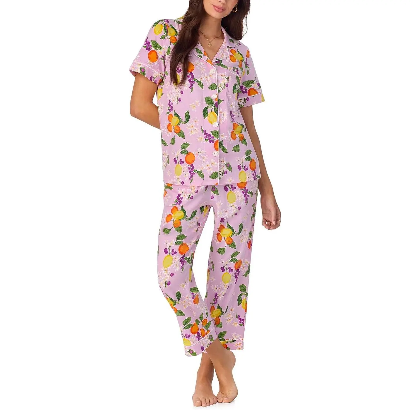 2025 Satin Citrus Blossom Women s Pajama Set: Short Sleeve Notch Collar & Cropped Pants Sleepwear Loungewear Elastic