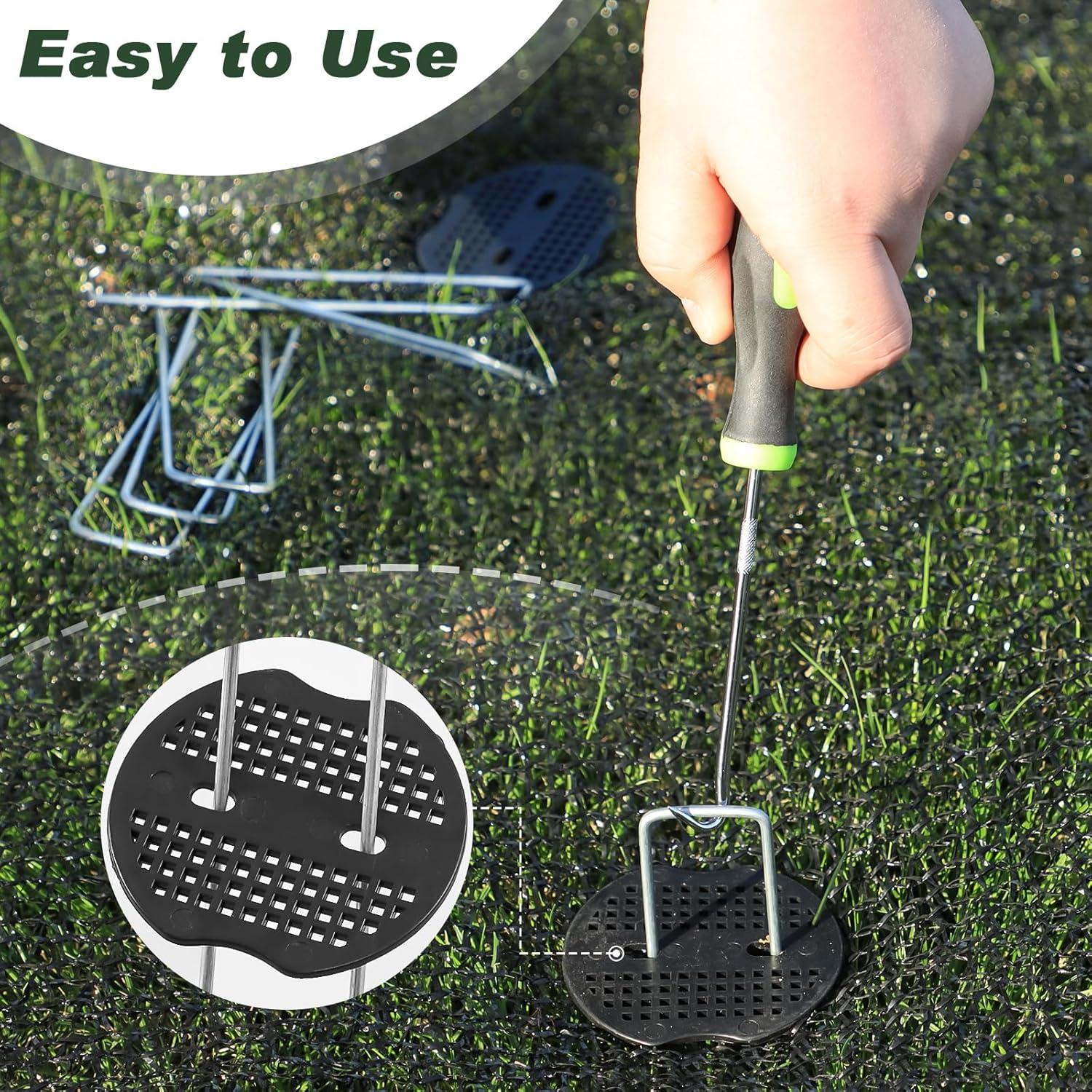 50-Pack 6 Inch Garden Staples with 50pcs Fixing Gaskets and 1pc Pick Hook U-Shaped Landscaping Stakes Heavy Duty Weed Barrier Fabric Pins Sod Pegs Lawn Anchors