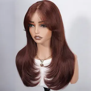 Jessie's Wig [Anne] Brown/Reddish Brown Color Choice Curtain Bangs Wavy Layered Cut Glueless Wig With Drawstring 7x5 Pre Cut Lace Human Hair For Women