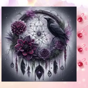 5D DIY Full Diamond Round Diamond Painting - Diamond Art Painting Kit Dreamcatcher Crow Mosaic, Canvas - DIY Decor, Home Wall Decoration, Suitable for Halloween and Christmas, Birthday and Anniversary Gifts, Diamond Painting Kits