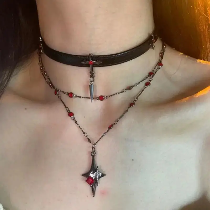 Punk Dark Black Cross Stars Pendant Necklace for Women Men Hiphop Cool Red Crystal Leather Choker Necklace Party Jewelry Gifts