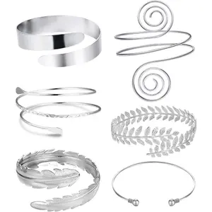 6 Pieces(Multiple sizes) silvery metal Arm Cuff Upper Arm Band Cuff Bracelet Bangle for Women Silver Gold Adjustable Armband Set Beauty & Personal Care