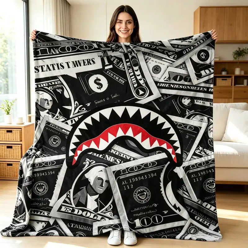 Shark Mouth Dollar Bill Print Fleece Throw Blanket, Black White Hip Hop Streetwear Design, Soft Cozy Blanket for Kids & Adults, Lightweight Air Conditioner Blanket for Couch Sofa Bed, Room Decor Gift