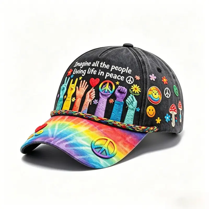 Peaceful Life Hat with Rainbow Tie-Dye Brim and Peace Symbols for Stylish Comfort
