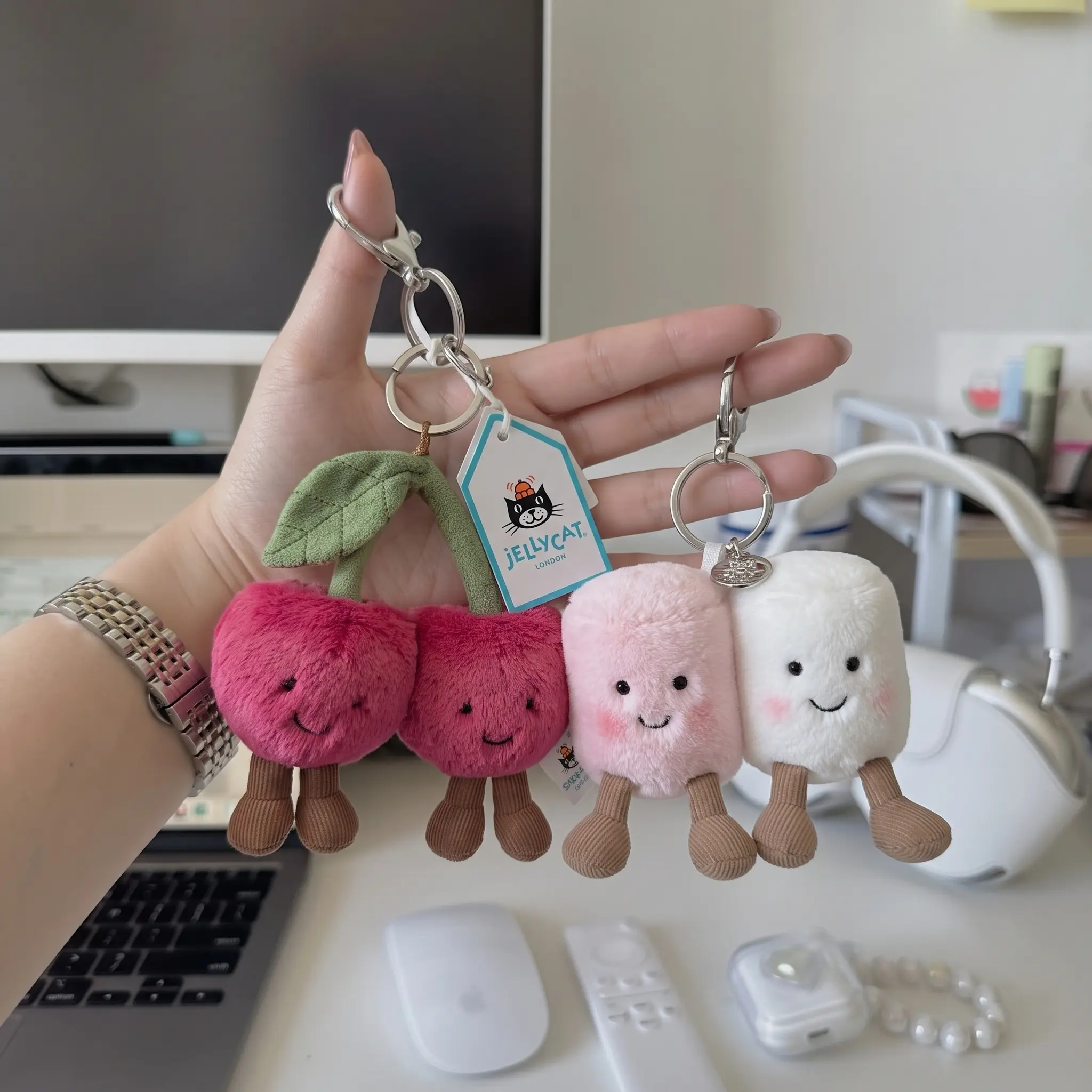 Jelly Cat Cherry & Mashmallow Plush Bag Charm Collection, Adorable Plush Keychain, Cute Soft Coffee Bag Accessory, Adorable Cloud Gift for Her, Bag Charm