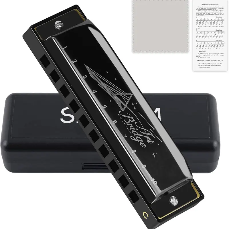 Blues Harmonica for Adults Beginner,Professional Musicians, Students,Harmonicas key of C 10 Holes 20 ,Diatonic Harmonica with Case,As a (Black, 10 holes blues primary)