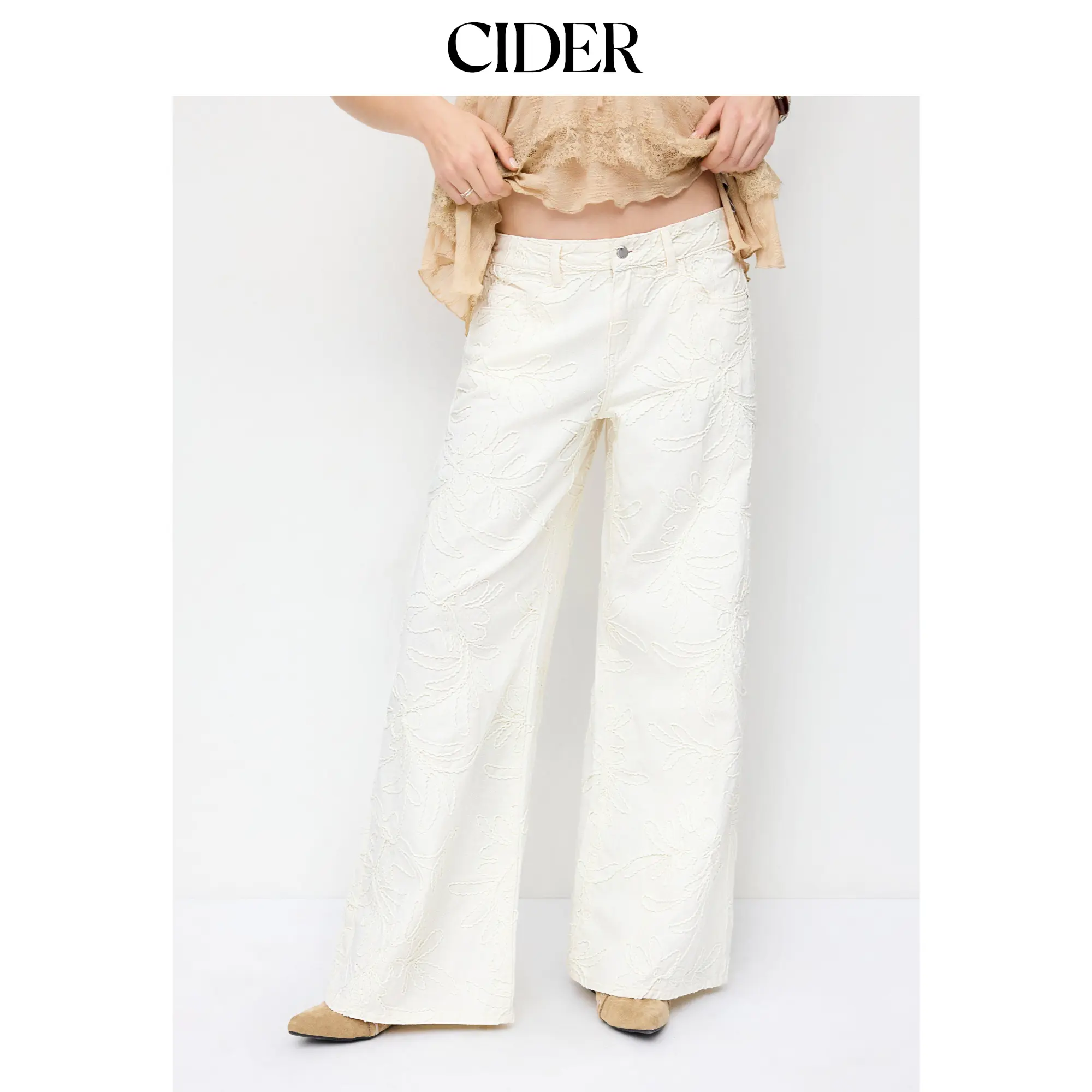 Cider Denim Low Rise Jacquard Floral Wide Leg Jeans, Bottom, Pants, Women, Low Waist, Jean Pants, Button Front, Casual Street