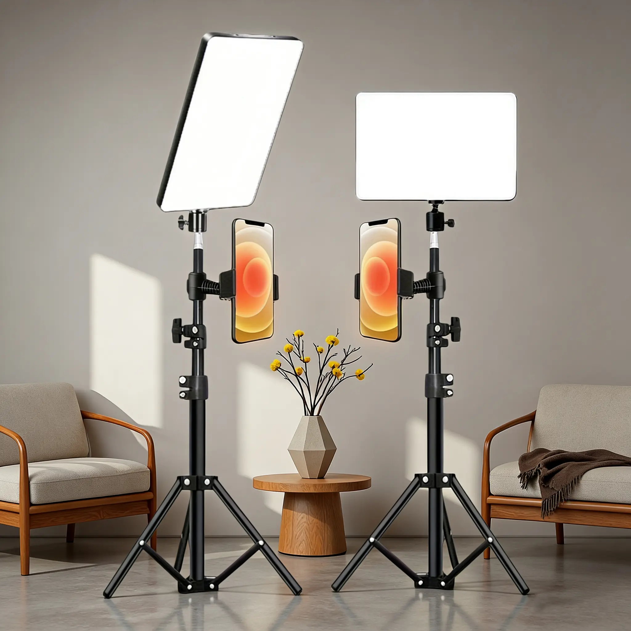 10-Inch Selfie Square, 43-Inch Flexible Tripod Stand, Independent Phone Holder, Adjustable 3-Color LED Lamp, Video Fill Light