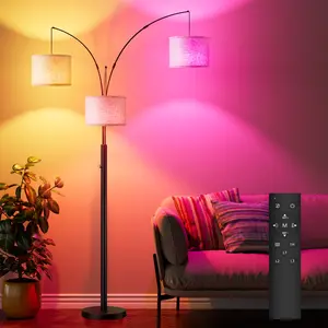 Curved Floor Lamp for Living Room, Modern Black Floor Lamp with RGB Lighting, Multi-Arm Triangular Arch Floor Lamp Suitable for Bedrooms, Lounges, and Home Offices, Light Beige Lampshade