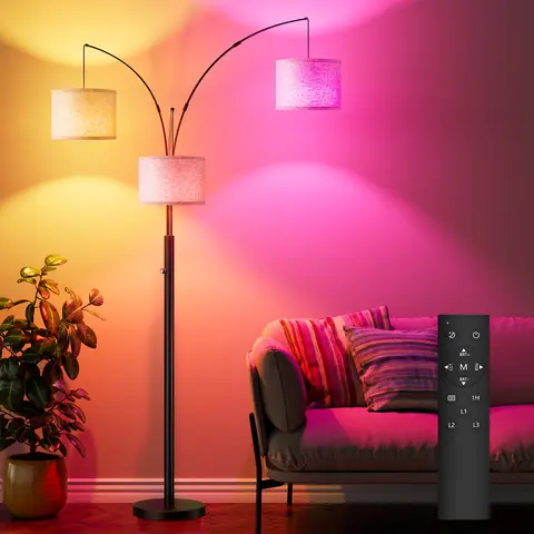 Eterfun Modern Black Metal Curved Multi-Arm Triangular Arch Floor Lamp with RGB Dimmable Lighting, Remote Control, Light Beige Lampshade, for Living Room, Bedroom, Room Decor, Indoor Home Improvement Lights