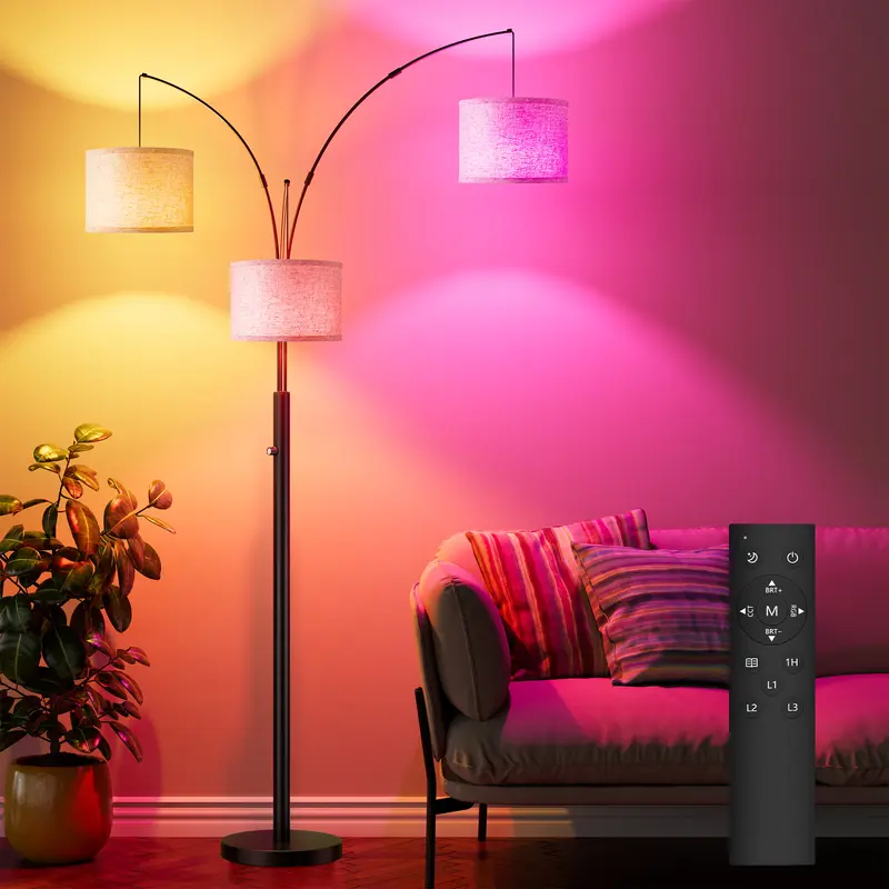Eterfun Modern Black Metal Curved Multi-Arm Triangular Arch Floor Lamp with RGB Dimmable Lighting, Remote Control, Light Beige Lampshade, for Living Room, Bedroom, Room Decor, Indoor Home Improvement Lights