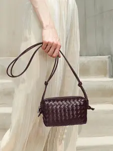 Handmade Woven Bag for Women, Luxe Deep Wine Crossbody Bag, Versatile Small Square Bag, Soft Leather Texture, Casual Commute Bag