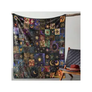 Vibrant Mystical Celestial Patchwork Throw Blanket Adorned with Stars, Moons, and Suns