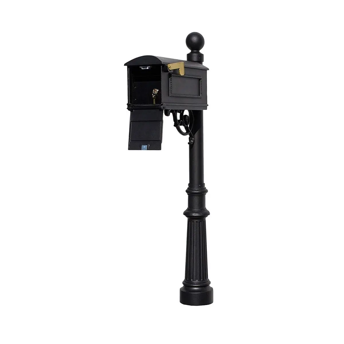 QualArc LML-804-BL Lewiston Equine Mailbox Post System with Locking Insert, Fluted Base & Ball Finial - Black