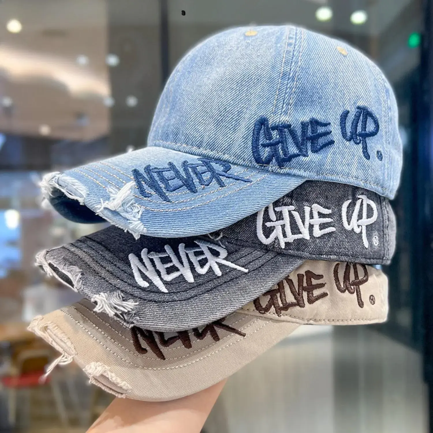 Unisex Retro Washed Blue Letter Embroidery Baseball Hat - Ripped Edge, Wide Brim, Adjustable Sun Hat for Outdoor Mountaineering, Retro Streetwear, Vintage Gift, Retro Streetwear Hats