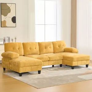 [SOIYELIFE] U-shaped Sectional Sofa 103.5" Chenille Fabric Couch with Dual Chaise Lounges, Storage Pockets and Armrest Pillows for Living Room, Yellow  Cool furniture couches cloud  couch