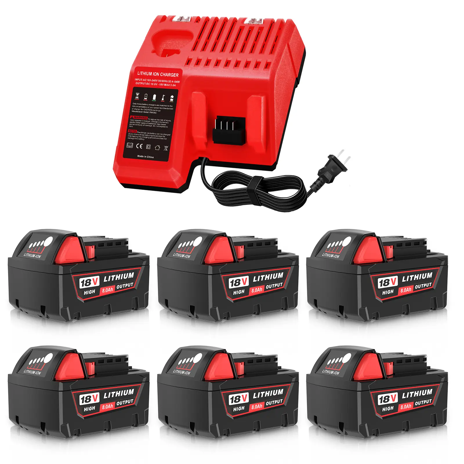 6PC 8000mAh Replacement Battery & 48-59-1812 Charger for Milwaukee 18Volt, Fits 18Volt Impact Driver, Hammer Drill, Vacuum, Sawzall(Multi-7Pack) backtoschool