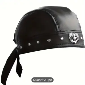 Biker Cap with Skull Emblem and Rivets Black Leather Style for Motorcycle Riders