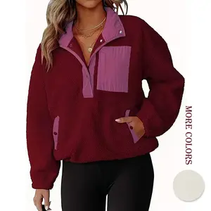Renaishow Plus Size Women's Fleece Pullover Jacket Long Sleeve Button Down Fuzzy Sherpa Sweatshirt Warm Outwear with Pockets Casual Chic Coat Cropped Elastic Fit for Everyday Sweaters Womenswear